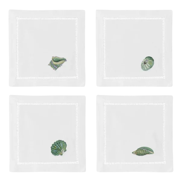 SHELLS TEAL COCKTAIL NAPKINS, MIXED SET OF 4